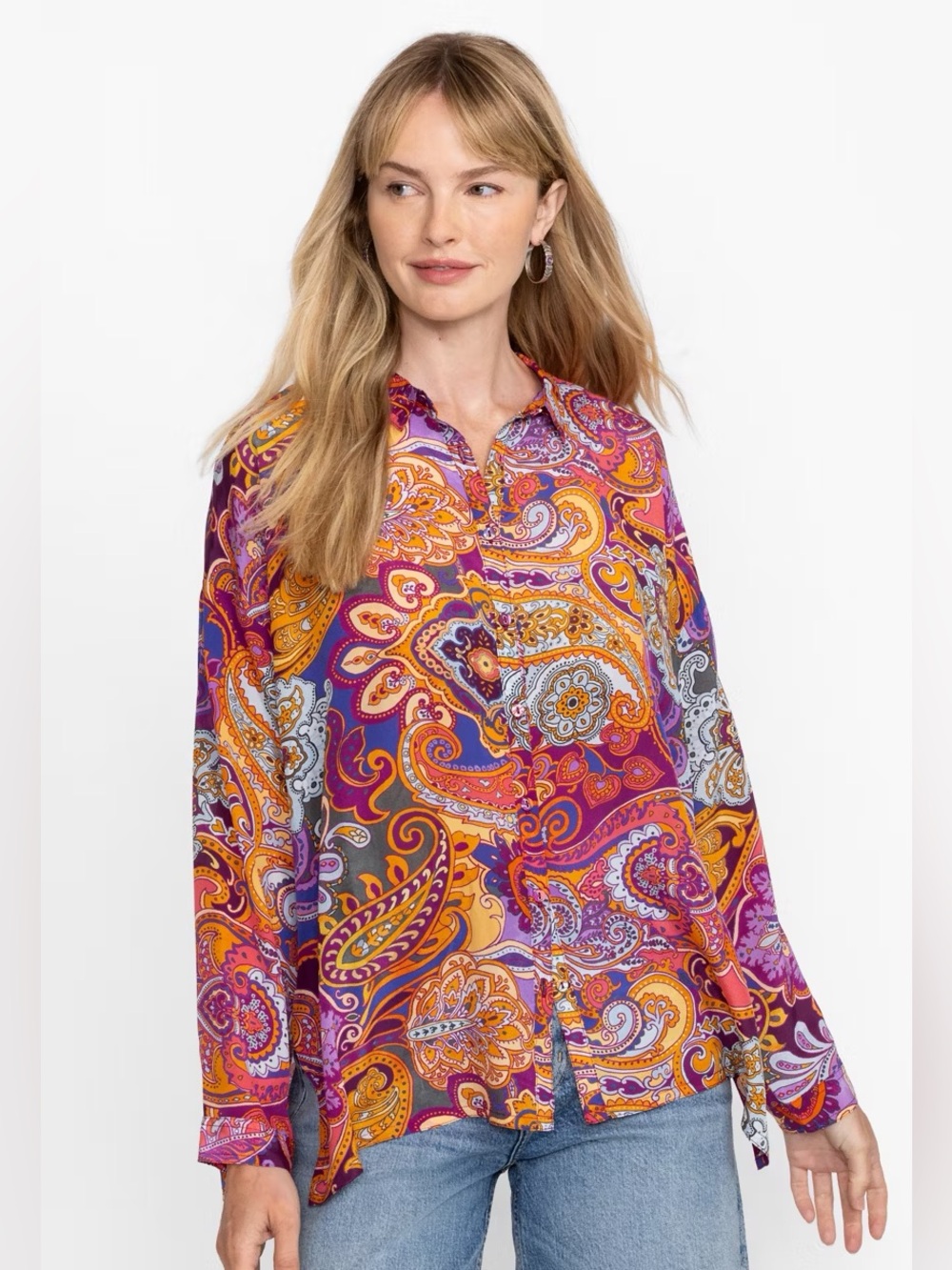 Johnny Was Audrey Oversized Silk Button Down Shirt in Sandalwood Pink - L